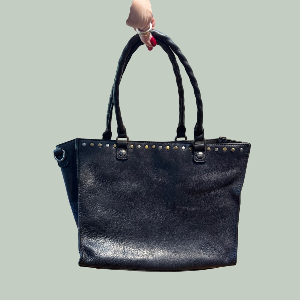 Patricia Nash Black Leather Studded Tote Handbag Braided Handles